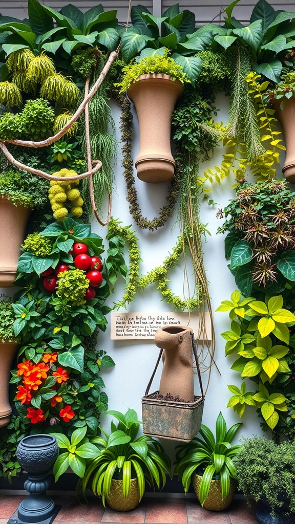 A vibrant vertical garden made of various plants, featuring colorful flowers and fruits, set in a creative arrangement on a wall.