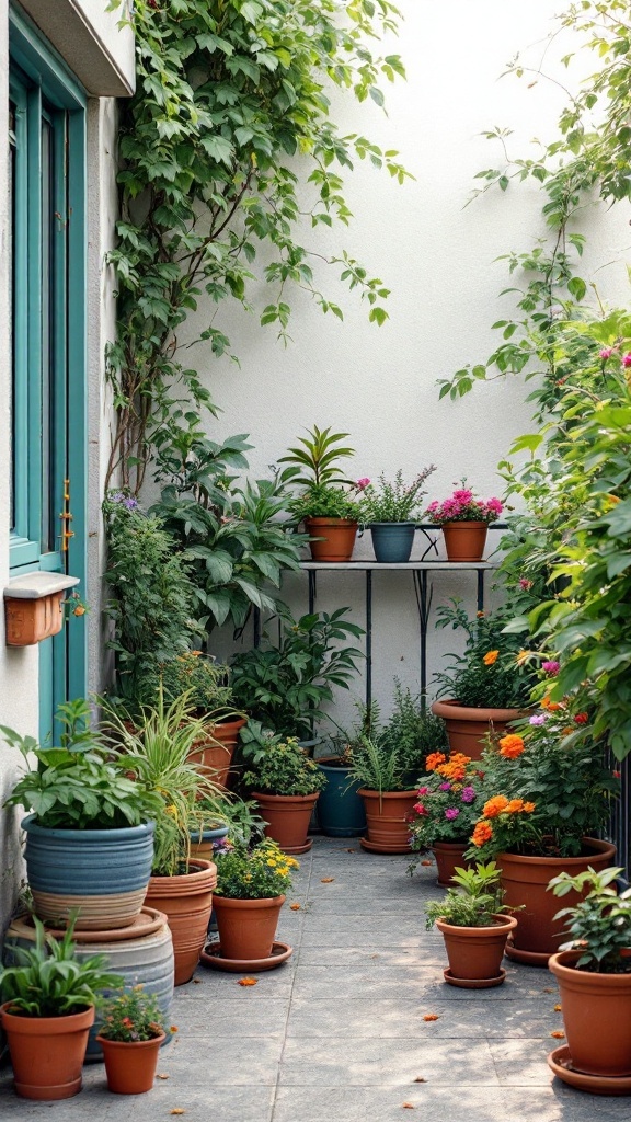 A cozy small garden filled with various potted plants against a wall, showcasing a mix of flowers and greenery.