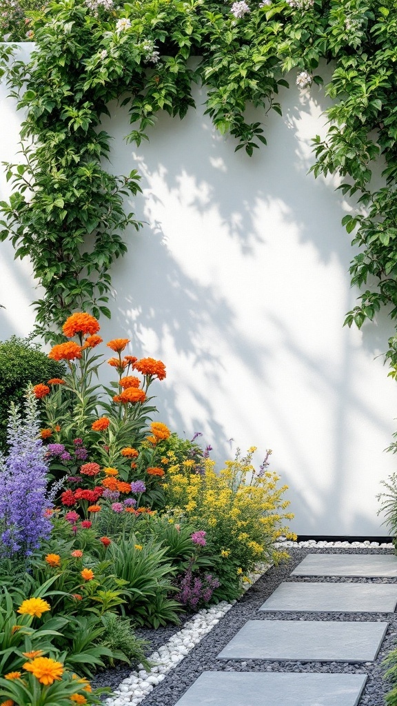 A colorful garden with flowers and a stone pathway bordered by lush greenery.
