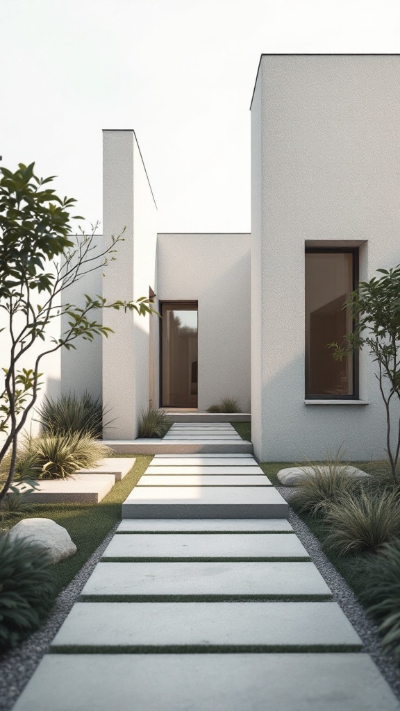 A minimalist garden with a stone pathway leading to a modern building, featuring clean lines and simple design elements.