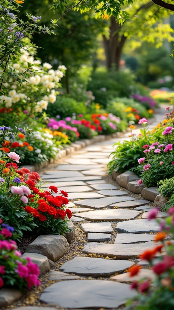 A garden pathway bordered with natural stones, surrounded by colorful flowers