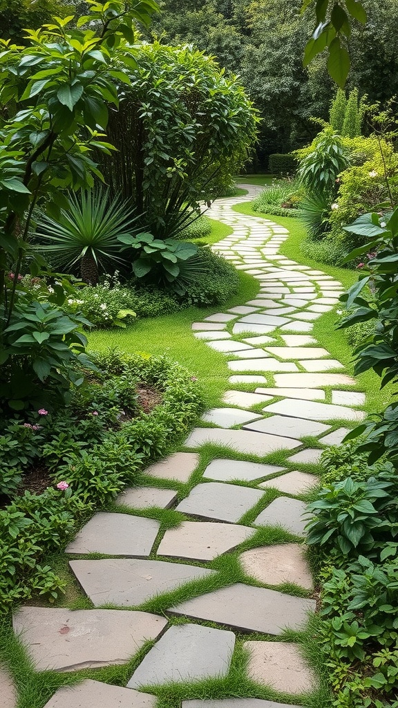 A winding natural stone pathway surrounded by greenery and flowers.