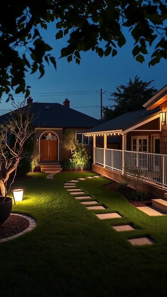 A modern backyard with a lit pathway and warm outdoor lights