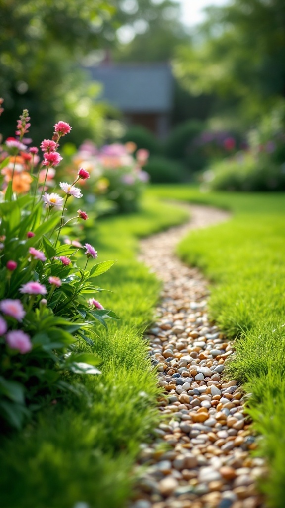 A garden path made of pebbles surrounded by colorful flowers and lush grass.