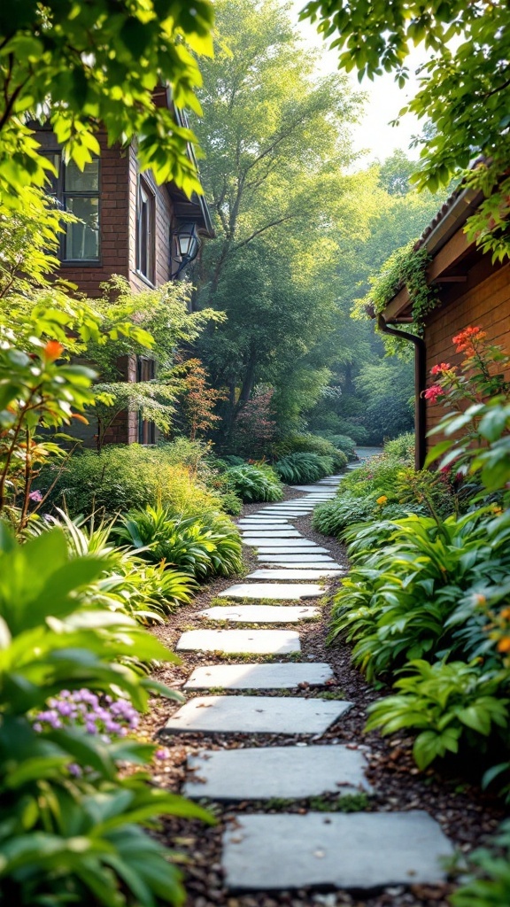 A stone pathway leading through a lush garden with various plants and flowers.