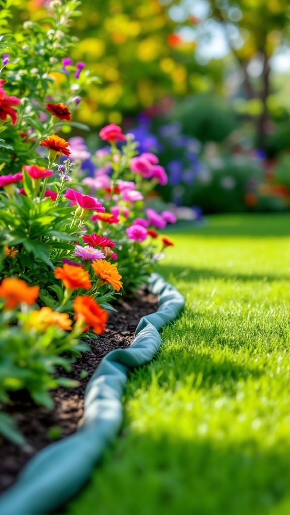 A garden featuring colorful flowers with plastic lawn edging separating the flower bed from the grass.