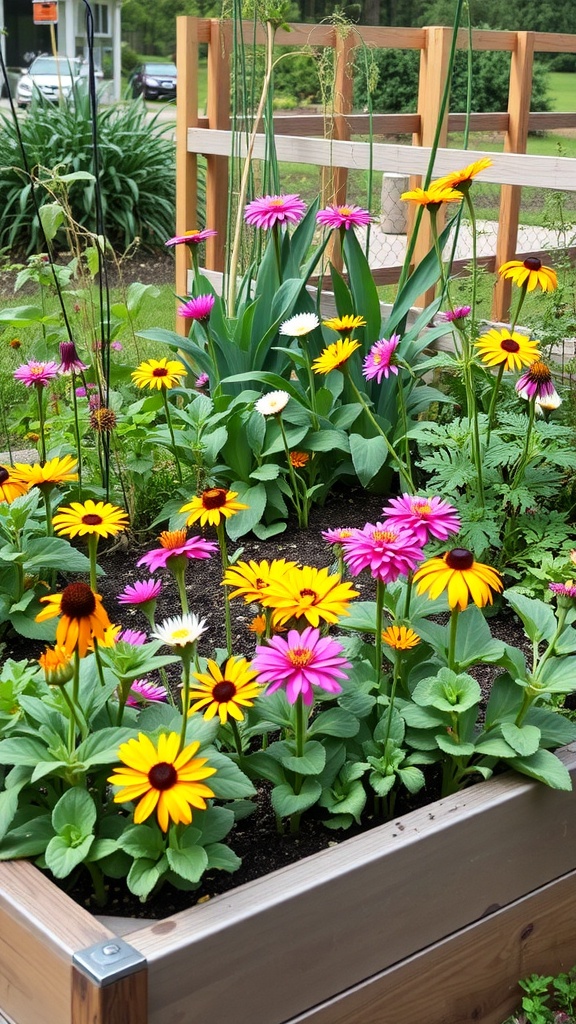 Brightly colored flowers in a raised bed garden, attracting pollinators.