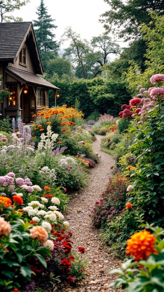 A beautiful garden with colorful flowers and a winding path, bordered by railroad ties.