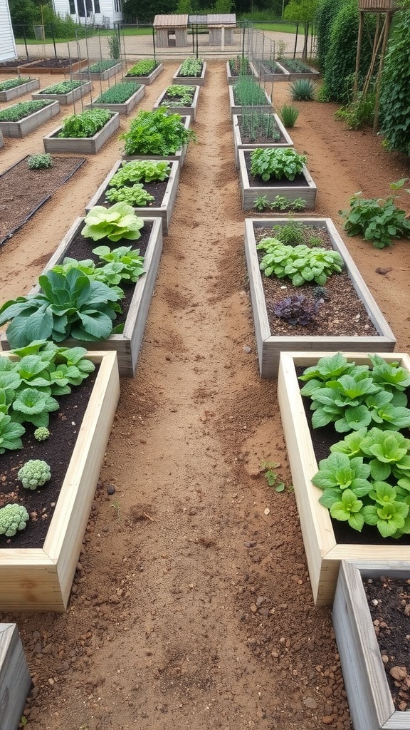 A garden with multiple raised beds arranged in rows, featuring various leafy greens and herbs.