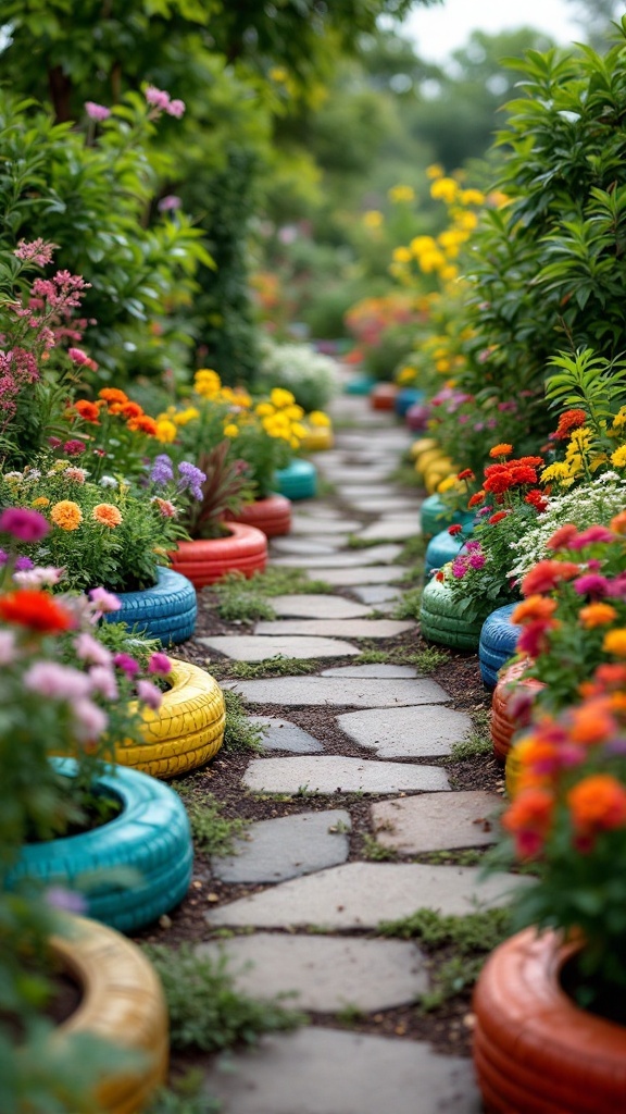 Colorful recycled tires used as garden edging along a stone path surrounded by flowers.