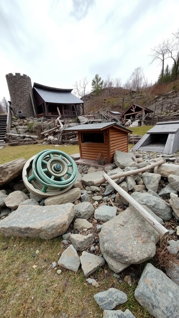 A garden scene featuring a mix of rocks and wooden structures, illustrating a rustic landscape design.