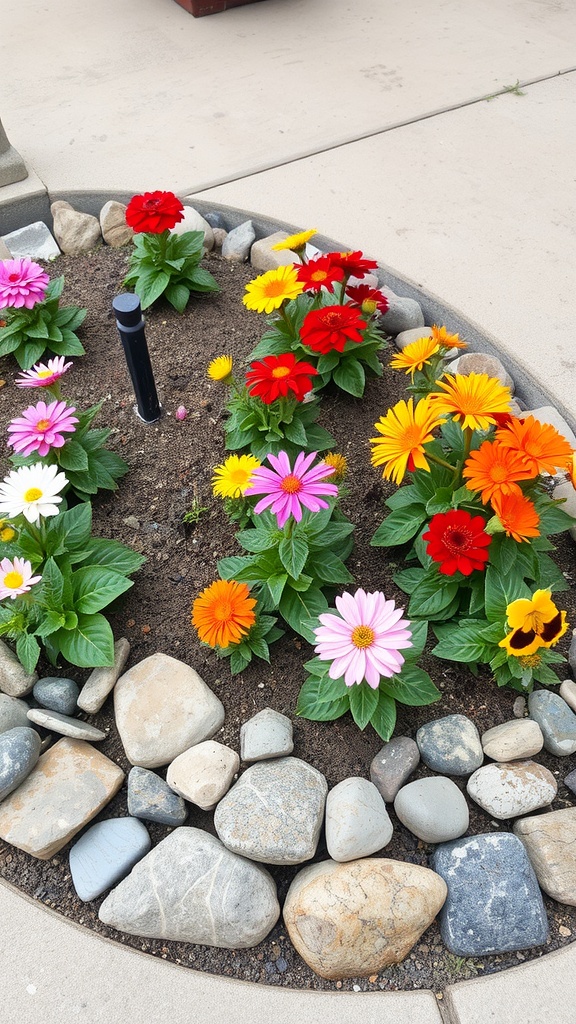 Flower bed with vibrant flowers surrounded by smooth rocks.