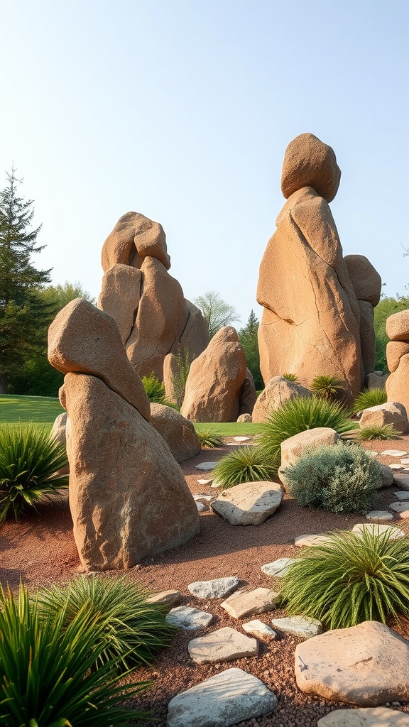 A garden featuring artistic rock formations, surrounded by greenery, with inscriptions on the rocks.