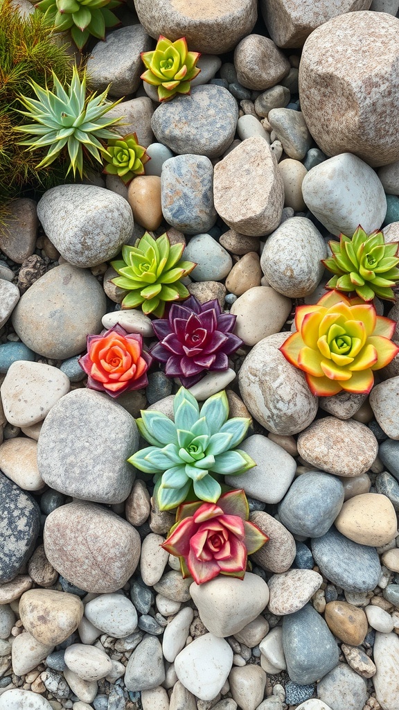 A rock garden featuring various succulents arranged among smooth stones.