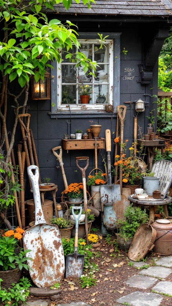 A rustic garden corner with vintage gardening tools, flowers, and a cozy window.
