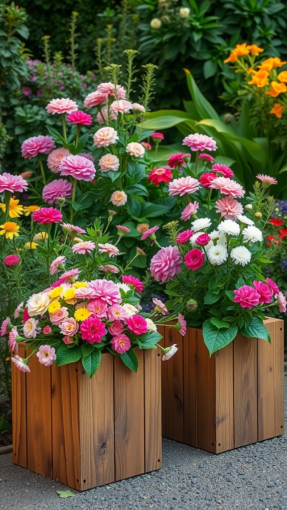 Colorful flowers in rustic wooden planters