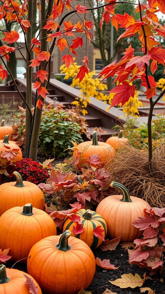 A garden decorated with pumpkins and autumn leaves