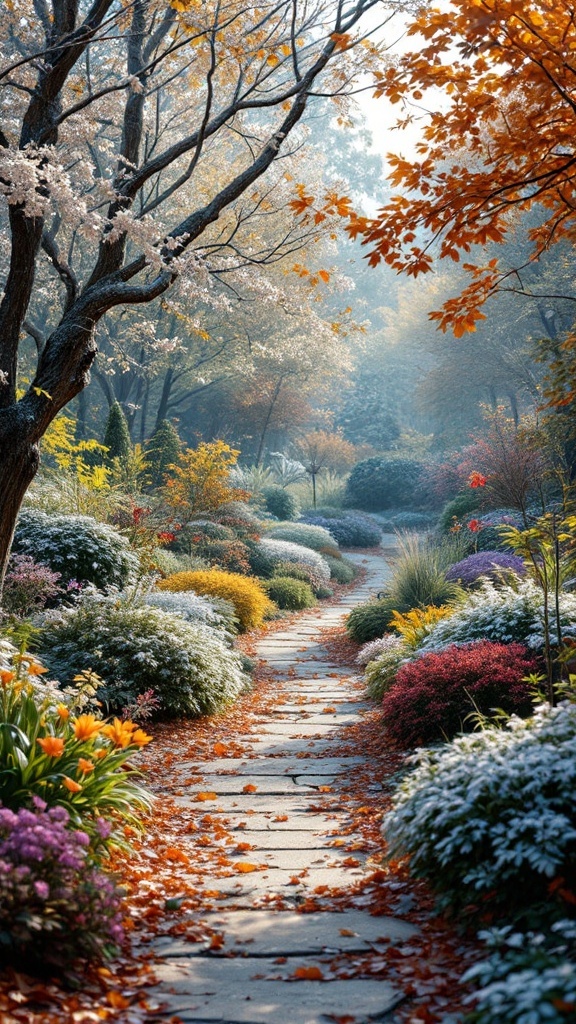 A picturesque garden path lined with colorful flowers and autumn leaves