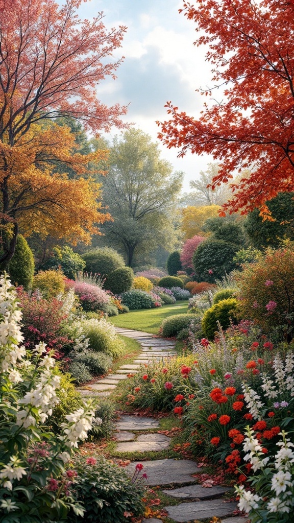 A beautifully landscaped garden featuring vibrant autumn foliage and blooming flowers along a winding stone path.