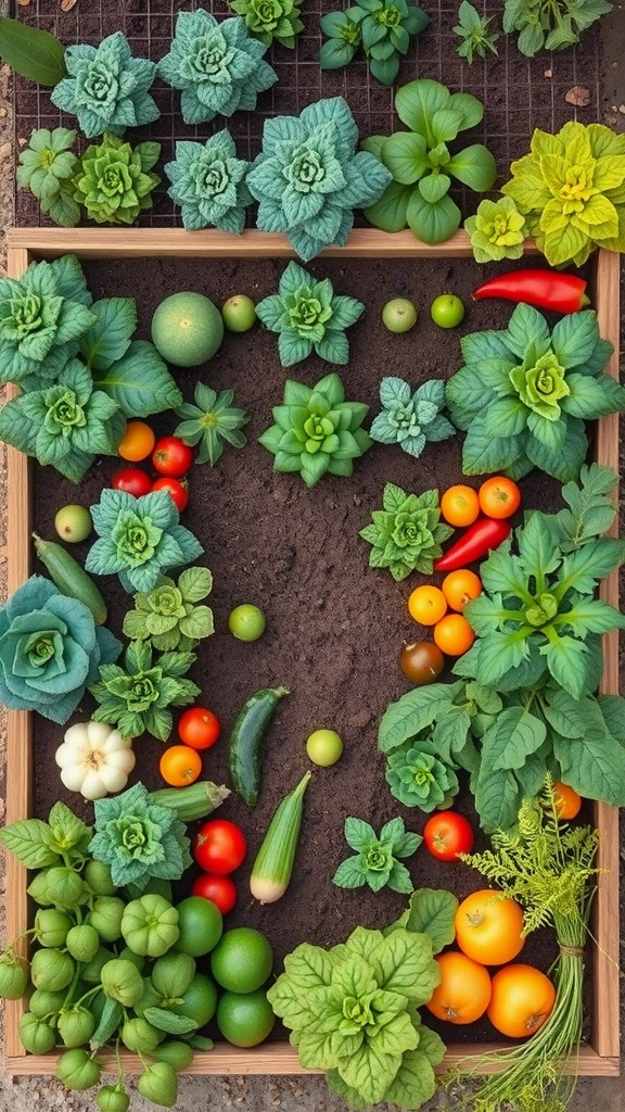 A raised bed garden layout featuring a variety of colorful vegetables and greens arranged in square foot sections.