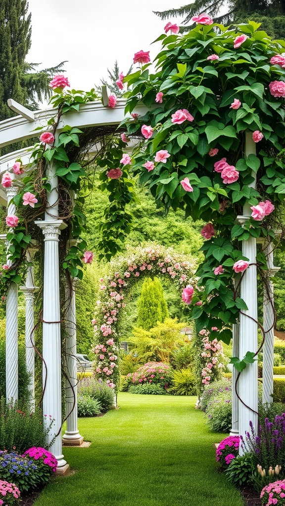 Garden trellises adorned with climbing plants and pink flowers creating a picturesque pathway.