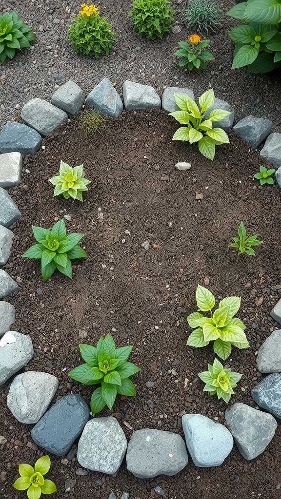 A sunken raised bed garden design with various plants and a stone border.