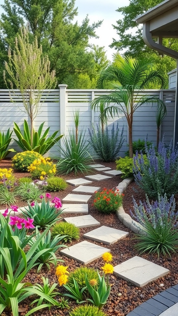 A modern backyard with colorful flowers and a stone pathway.