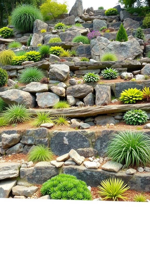 A terraced rock garden with steps made of stones and various green plants.