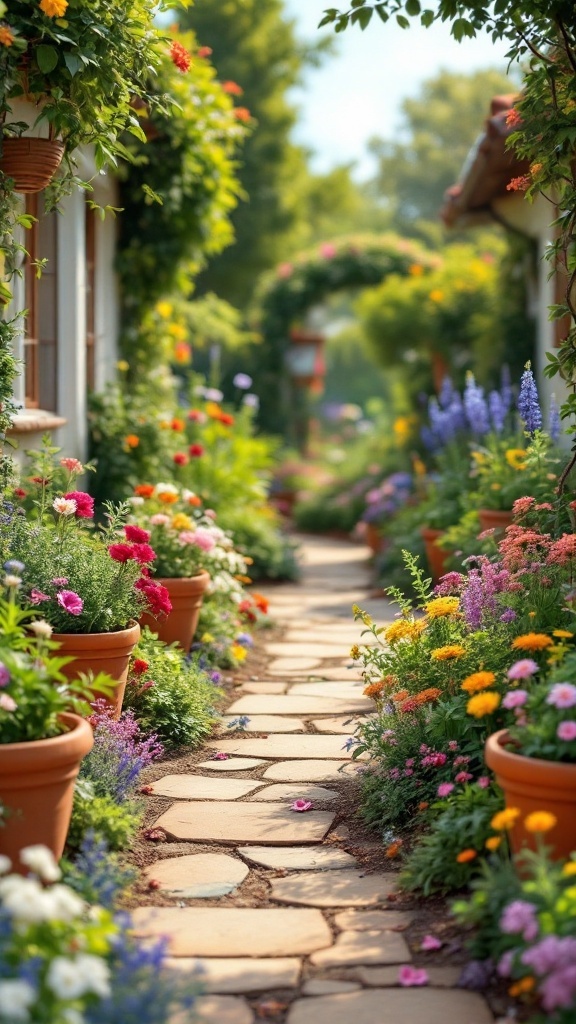 A garden pathway bordered by terracotta pots filled with colorful flowers
