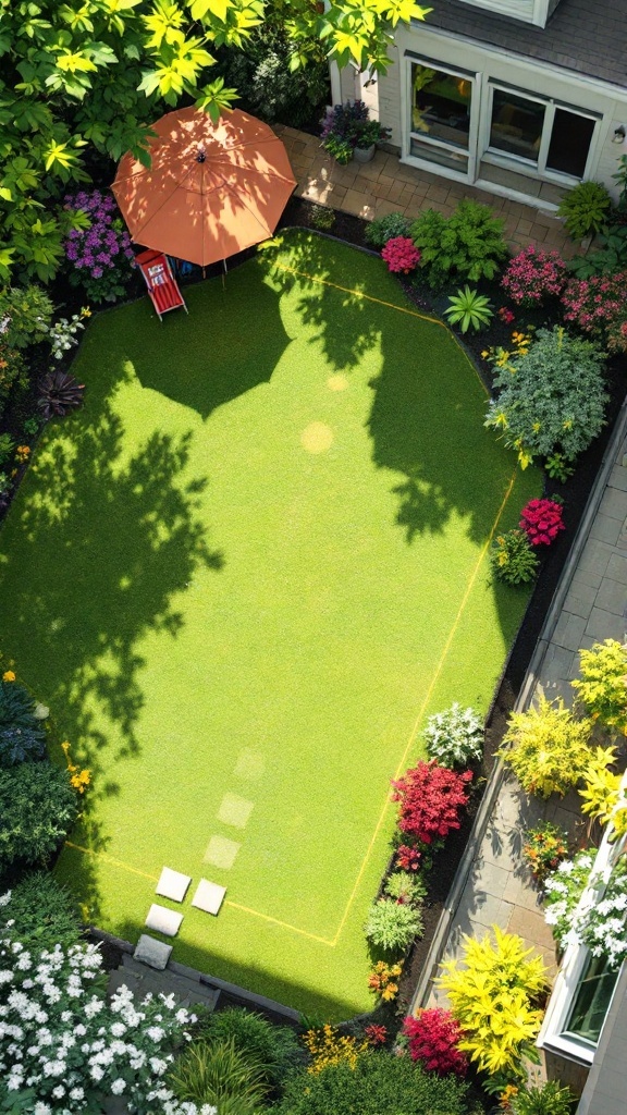 A vibrant garden layout featuring a green lawn, colorful flowers, and a seating area with an umbrella.