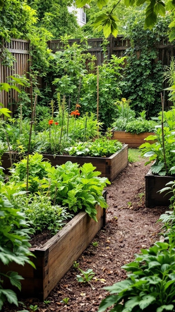 A lush garden with raised wooden beds filled with various plants and vibrant flowers, surrounded by greenery.