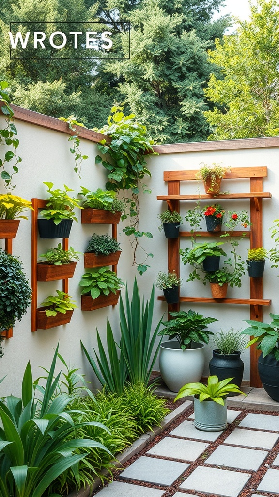 Vertical garden with various plants arranged on wooden shelves against a wall.