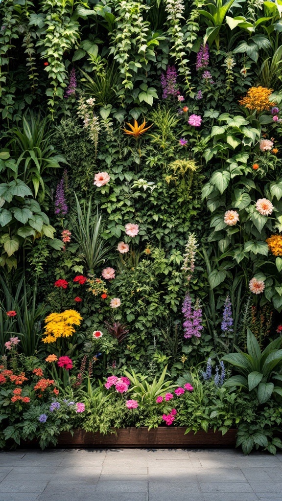 A vertical garden filled with colorful flowers and lush green plants, showcasing a vibrant display of nature on a wall.