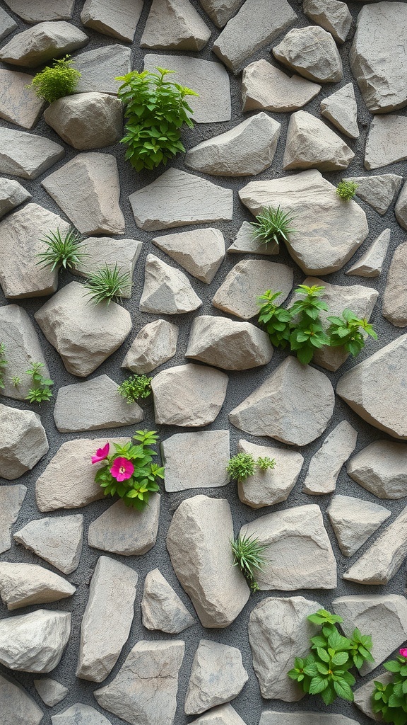 A vertical rock garden wall featuring various stones and plants