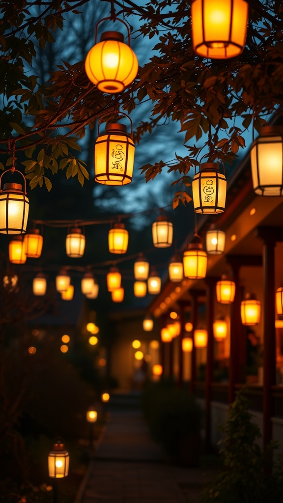 A beautiful arrangement of colorful outdoor lanterns hanging in a garden, illuminating the evening with soft light.