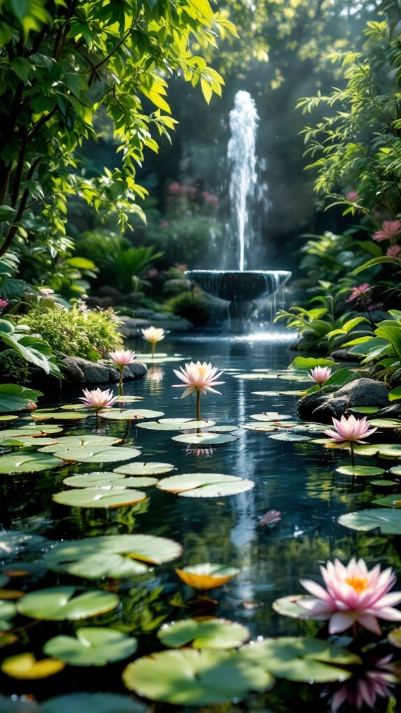 A serene garden with a fountain and blooming water lilies