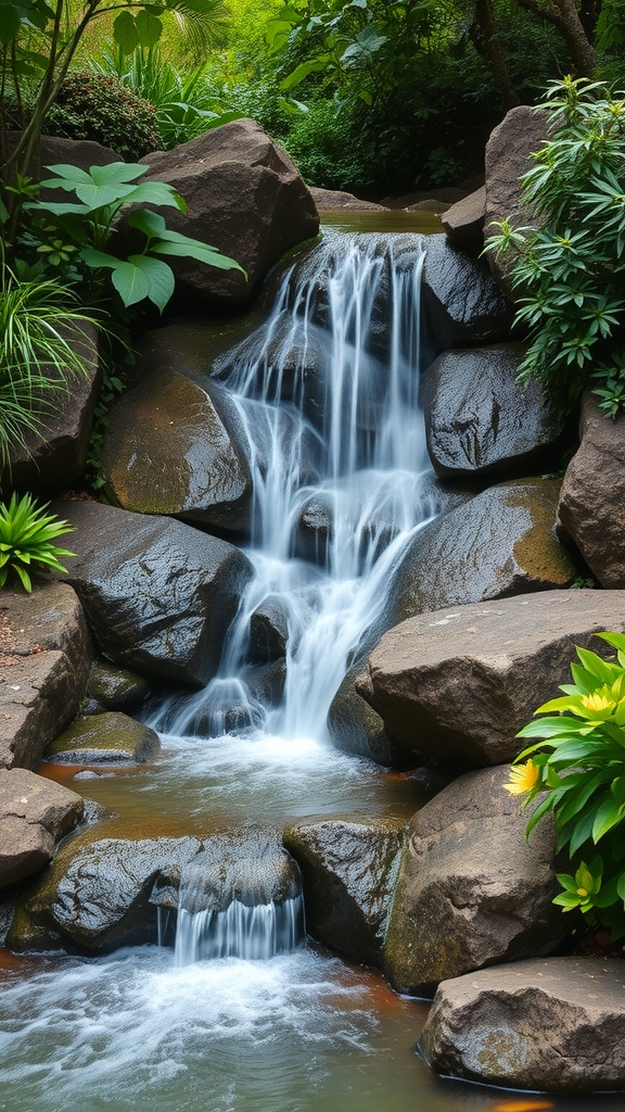 A beautiful waterfall flowing over rocks surrounded by greenery.