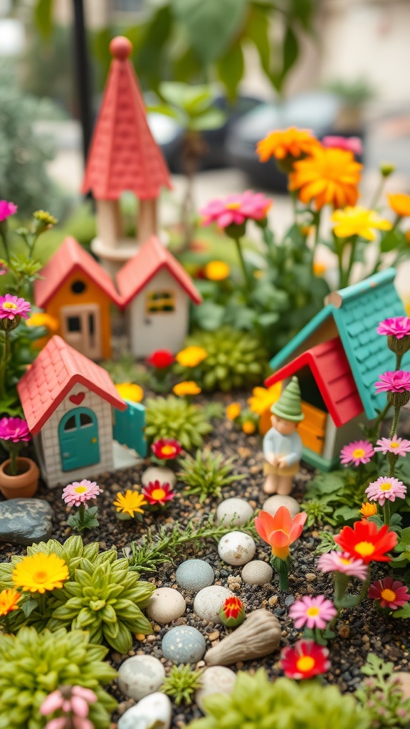 A colorful fairy garden with miniature houses, flowers, and a gnome figure.
