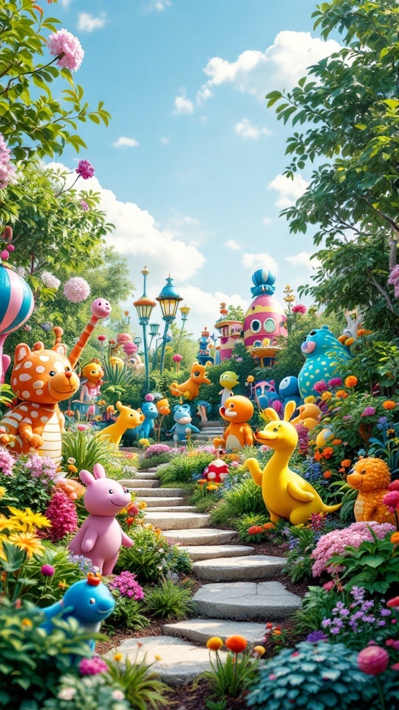 A colorful garden featuring whimsical sculptures and vibrant flowers, creating a playful atmosphere.