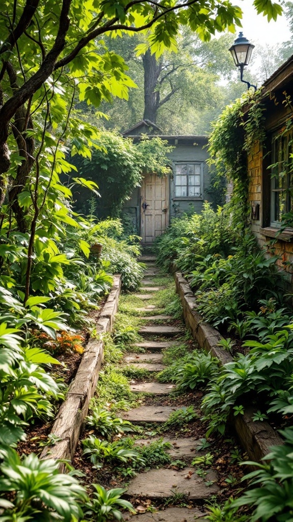 A garden path bordered by wooden edges, surrounded by lush greenery and plants.