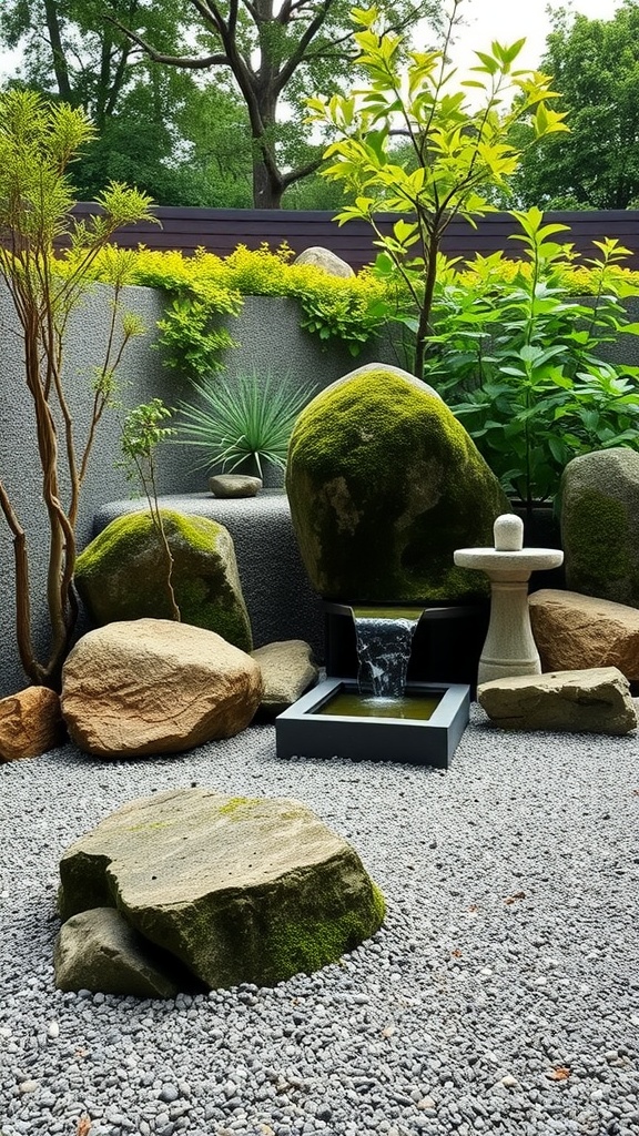 Zen garden featuring gravel, rocks, and a tranquil water feature.